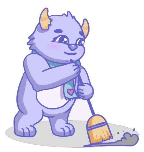 Lumi sweeping with a little broom